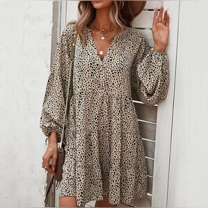 Kirundo V Neck Long Sleeve Elegant Leopard Print Causal Dress. Size Small